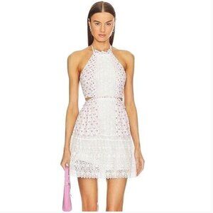 LoveShackFancy Kesia Floral Halter Lace Mini Dress in Poppy Pink NWT